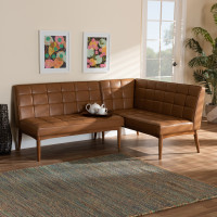 Baxton Studio BBT8051.11-TanWalnut-2PC SF Bench Baxton Studio Sanford Mid-Century Modern Tan Faux Leather Upholstered and Walnut Brown Finished Wood 2-Piece Dining Nook Banquette Set